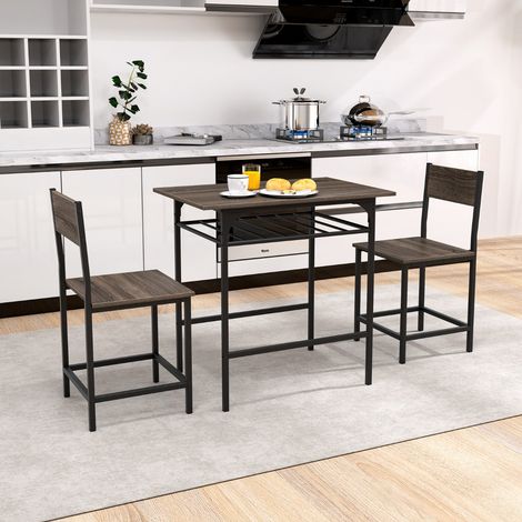 Ensemble de Salle à Manger pour 2 Personnes Ensemble de Table et Chaises Rectangulaires 3 Pièces avec Cadre en Métal Étagère Gris (1/3)