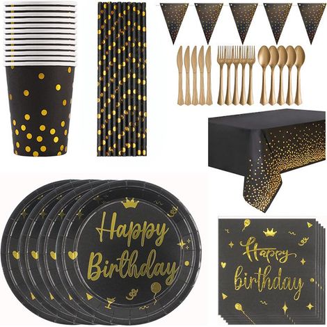 Vaisselle d'anniversaire noire et dorée, assiettes et gobelets en carton pour 20 invités, idéale pour les fêtes, mariages, remises de diplômes et Halloween. (1/5)