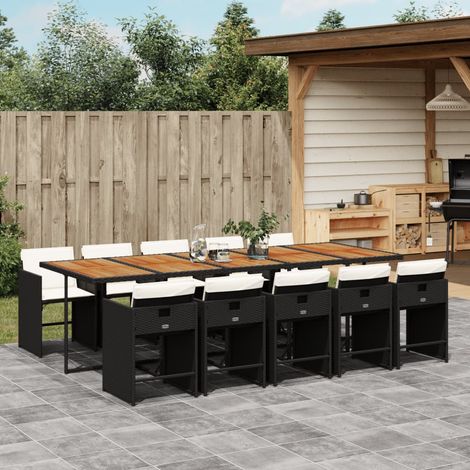 Ensemble Salon de Jardin 14 Places en Résine Tressée Noire avec Coussins Crème, Stockage et Table Acacia (1/5)