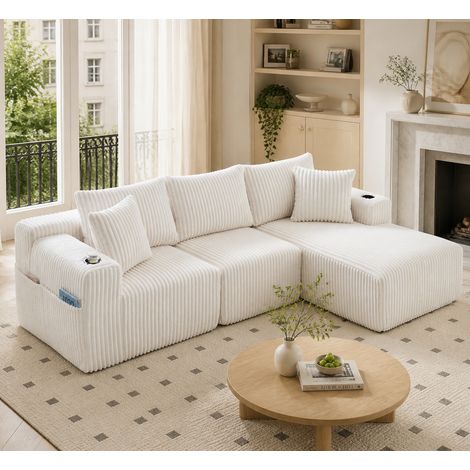 Modulares Sofa 257x160x62 cm Beige Cord mit Chaiselongue, 5 Kissen, Seitentaschen und Getränkehaltern (1/5)