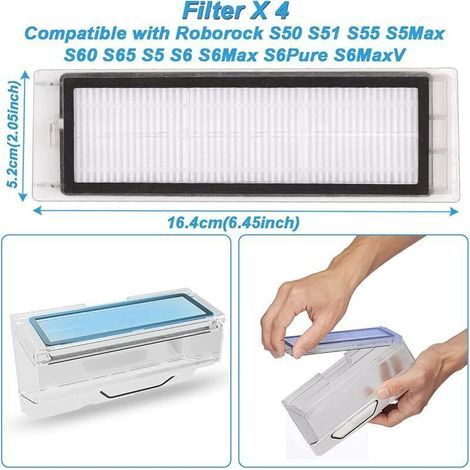 Lot de 4 filtres HEPA de rechange pour aspirateurs Xiaomi Roborock S5 Max, S6 Pure, S6 Max, S6 MaxV, S65, S60, S6, S55, S51 et S50. (1/2)