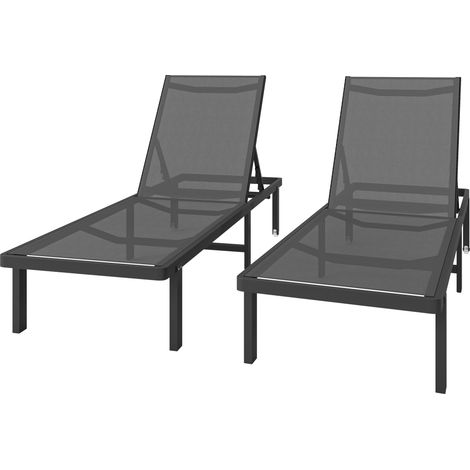 Ensemble de 2 chaises longues inclinables à roulettes, dossier réglable sur 4 positions, structure en aluminium, revêtement en tissu textilène gris (1/5)