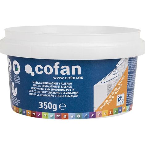 COFAN masilla renovación y alisado para interior 350 g , Masilla de renovación y alisado estructurada en pasta indicada para su uso en interiores. Ideal para alisar fondos en relie