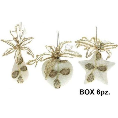 6 ornamenti natalizi assortiti per albero natale - colore crema/oro - decorazioni addobbi