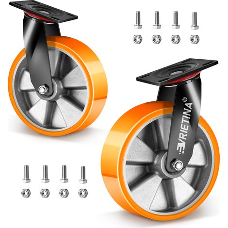 Lot de 2 Roulettes Pivotantes Ø200mm, Jusqu'à 1000KG, Roulettes Charge Lourde Rotation à 360°, avec Noyau en Aluminium Roulettes Caoutchouc, Roulettes Industrielles Robustes