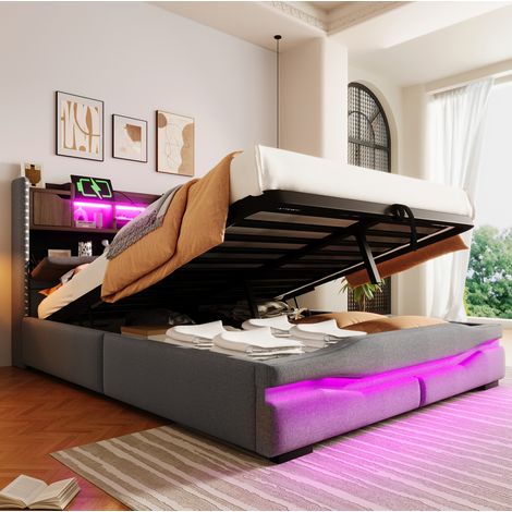 Bett 140x200 cm gepolstert in Grau mit Stauraum-Kopfteil, LED, USB/Typ-C und hydraulischem Bettkasten (1/5)