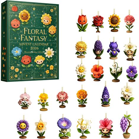 Adventskalender 2026 – 24-teilig – mehrfarbig – Acryl – 8 cm flache Hängeornamente – florales Fantasy-Cartoon-Design – Christbaumschmuck – geeignet für Weihnachtsfeiern und als Dekoration für die Wohn (1/5)