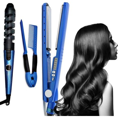TRADE SHOP - Set Piastra 3in1 Per Capelli In Nano Titanio Ceramica Con Ferro Arricciacapelli Pettine - (1/5)