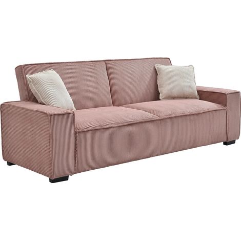 Vente-Unique – Canapé 3 places convertible clic-clac en velours côtelé rose – Structure bois – Confort ferme – Largeur couchage 117 cm – Longueur 230 cm (1/5)