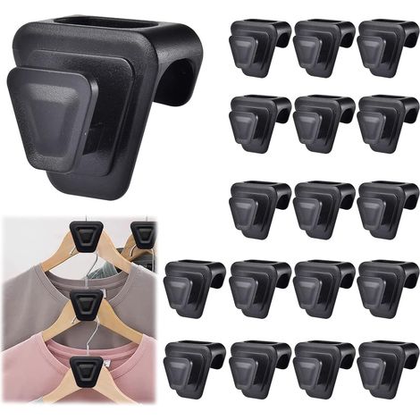 18 Pack Clothes Storage Hooks, Space Saving Hanging Hooks, Hanger Extension Clips, Triple Hanger Connectors for Closet Organization (Black Trapezoid) Black (1/5)