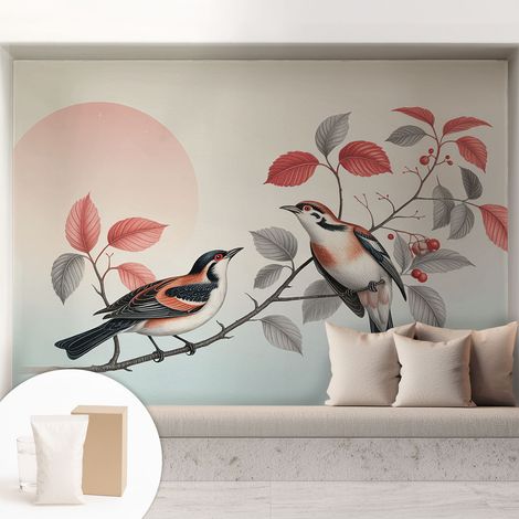 Tapete Vliestapete mit Kleber - abwaschbar - Tapete mit Motiv - trendige Wanddeko - elegant Fototapete Sitzende Vögel 208x146 cm (1/5)