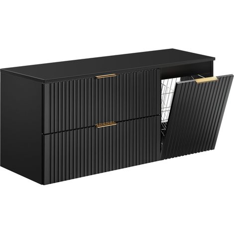 Furnidea - Meuble suspendu sous vasque ADEL NOIR 120 cm avec panier à linge et plan - 2 tiroirs - Façades rainurées (1/5)