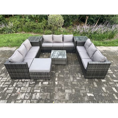 Fimous Salon de jardin en rotin 10 places avec 2 Tables d'appoint Table basse carrée grand tabouret Mélange gris foncé (1/5)