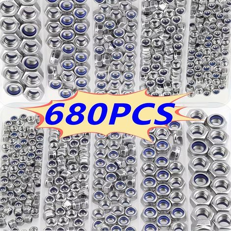 Kit 680 Pièces Écrous Freins Nylstop DIN 985 – Écrou Hexagonal Autobloquant à Bague Nylon Acier Carbone Zingué – Assortiment Métrique Anti-Desserrage Coffret de Rangement (1/5)