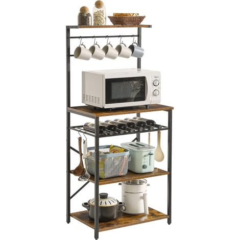 Étagère de Cuisine, Meuble de Rangement à 4 Niveaux, Support de Micro-Ondes avec Crochets en S, Étagères de Stockage, Cadre en Métal, Style Industriel, 59 x 40 x 143 CM, Marron et Noir HBR001H (1/5)