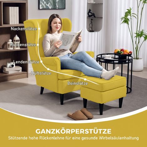 Hochlehnerstuhl mit Fußstütze, gepolsterter Stuhl auf Beinen aus Gummibaumholz, Stoffbezug, gelb. (1/5)
