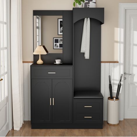 MEUBLIV mueble de entrada 110x33x185,5 cm negro – espejo, zapatero (1/5)