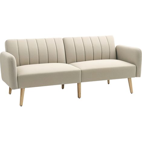 2-Sitzer-Schlafsofa, skandinavisches Design, 3-fach verstellbare Rückenlehne, Holzbeine, beiger Stoff in Leinenoptik