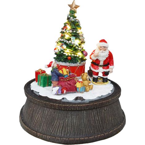 Babbo Natale con Albero e Pacchi Regalo Carillon 20,5x20,5x22,5 cm in Resina con Movimento e Luci