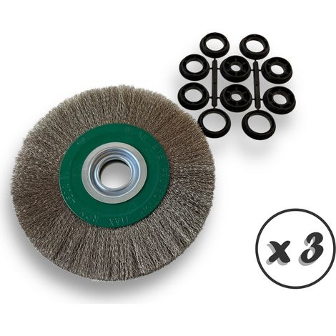 Lot de 3 brosses circulaires INOX Ø 200 mm Epaisseur 3 rangs Fil souple 0.20 mm ondulé Alésage 32 mm + réducteur bague 25/22/20/16/12 mm Touret affûteuse ponceuse Kibros 238203IVx3