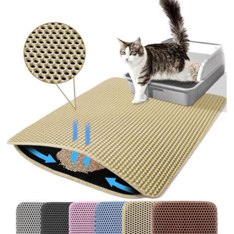 Tapis de litière pour chat, double couche, nid d'abeille, antidérapant, imperméable et anti-urine, accessoire pour chat, 70120 cm, beige (1/5)