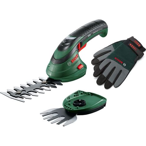 Bosch Set forbici per erba a batteria Isio (3,6 Volt, lunghezza lama 12 cm, spessore di taglio 8 mm, con guanti da giardinaggio XL inclusi) (1/4)