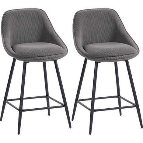 Set de 2 taburetes de bar giratorios de terciopelo acanalado gris con patas de acero y reposapiés (1/5)