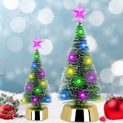 Lot de 2 mini sapin de Noël à LED - Petit sapin de Noël avec guirlandes lumineuses - Artificiel - Miniature - Avec éclairage - Décoration de Noël (19 cm + 13 cm) (1/5)