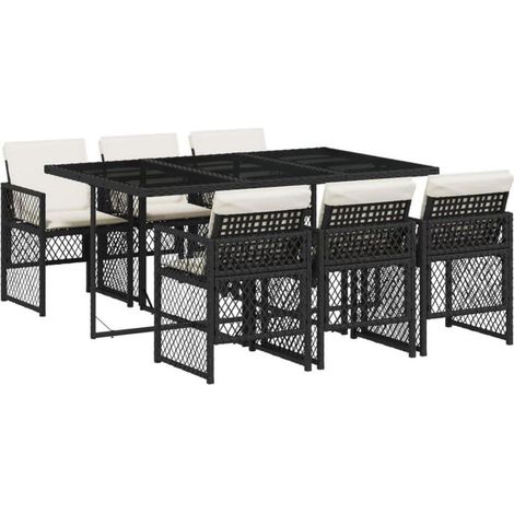 Essgruppe Garten 7tlg Poly Rattan Tisch 6 Glas Schwarz und Creme (1/5)