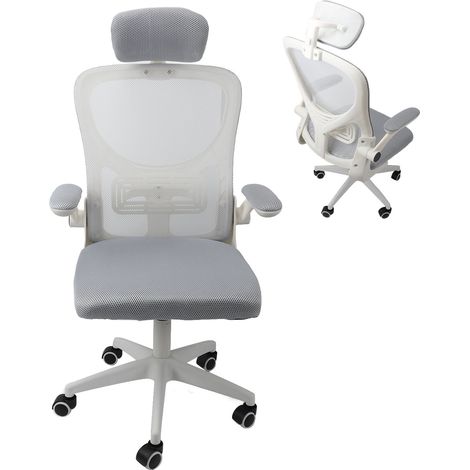 Fauteuil de Bureau en Maille Dossier Haut avec Soutien Lombaire, Appui-Tête 3D, Accoudoirs Pivotants à 90°, Roulettes, Fauteuil Ergonomique pour Bureau et Gaming (Gris) (1/5)