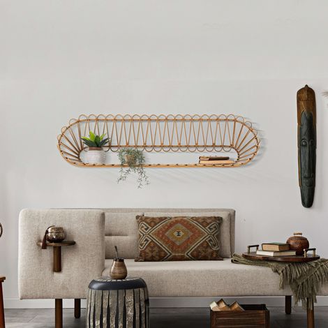 Mensola Dalofamo, un Ripiano, Finiture in Rattan Intrecciato, Sfumatura Colore Struttura Rovere, 162x28x44h cm Marrone Rovere (1/5)