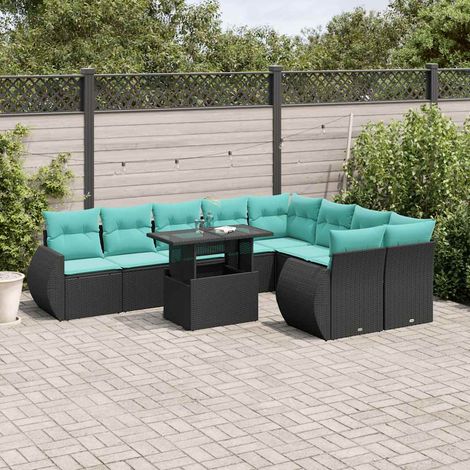 10-teiliges Gartensofa-Set mit Kissen, schwarzes Polyrattan (1/5)