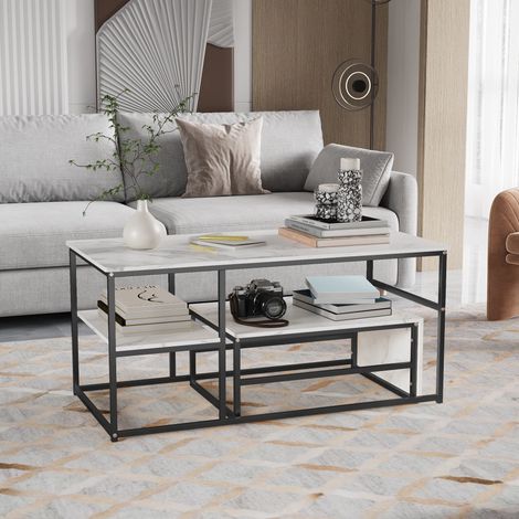 2er-Set Couchtische, Sofa-Beistelltisch, strukturierte Marmorplatte, geometrisches Metallgestell, rechteckiger Couchtisch, für Wohnzimmer und Büro, Schwarz