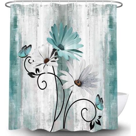 Rideau de douche vert style ferme avec imprimés de marguerites et de papillons, bleu