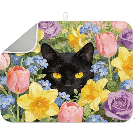 Tapis de séchage pour vaisselle de jardin motif chat noir, 45 x 60 cm, tapis absorbant vintage floral pour chaton, aquarelle, tapis de séchage pour table, comptoir, évier, bar à café (1/5)