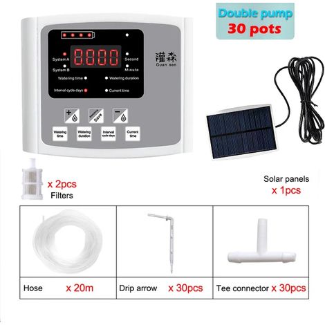 (Double pompe, gris, tuyau d'eau de 20 mètres) Système d'irrigation goutte à goutte pour jardin, programmateur, énergie solaire. (1/5)