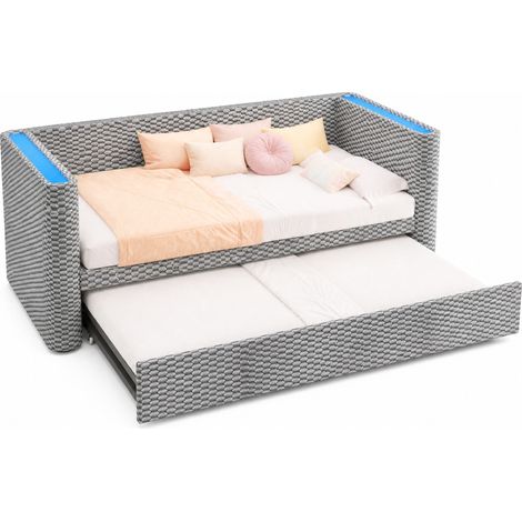 Lit de jour 90x200 cm convertible en 180x200 cm avec LED multicolore, en velours gris, sommier inclus, sans matelas, pour chambre, enfant ou invité CHICFURN (1/5)
