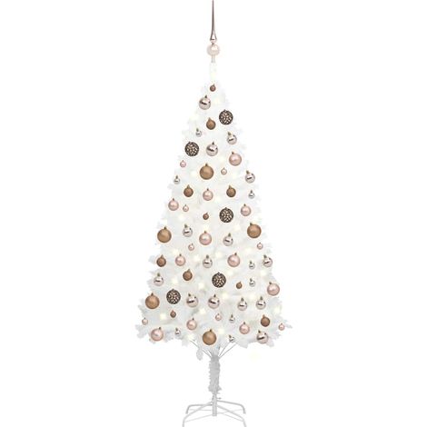 Sapin de Noël Artificiel Blanc 150 cm Pré-éclairé LED avec Boules et Base en Acier - PANGIVO (1/5)