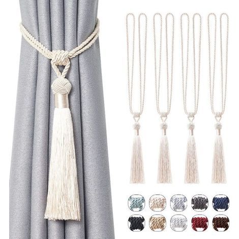 Set of 4 handmade braided rope curtain ties with European-style tassels for office decor (beige). (1/5)
