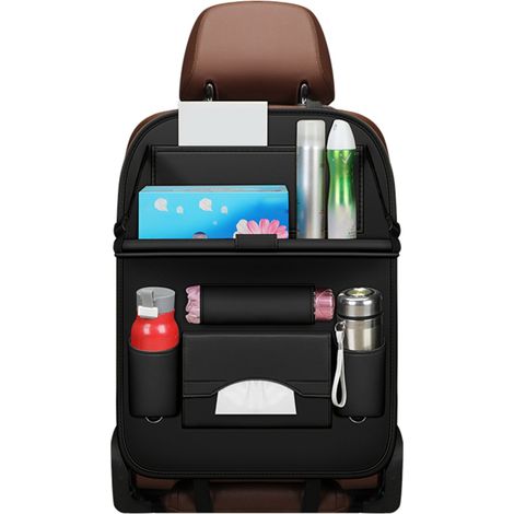 Organizador para asiento de coche, protector de asiento trasero de cuero sintético, almacenamiento para coche con bandeja plegable, soporte para tablet, caja de pañuelos, múltiples bolsillos (negro, 1 (1/5)