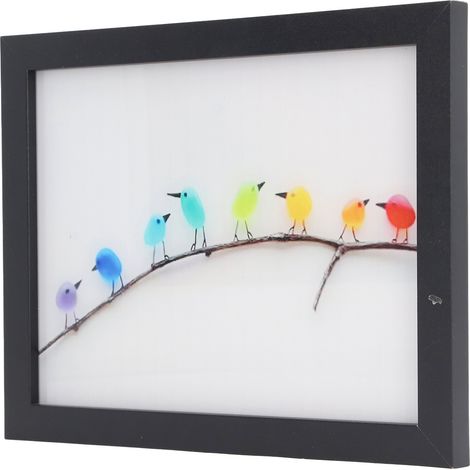 Décoration murale « Oiseaux arc-en-ciel en verre flottant », œuvre d'art représentant des oiseaux colorés en verre flottant, cadre photo en verre flottant avec cadre en bois. (1/5)