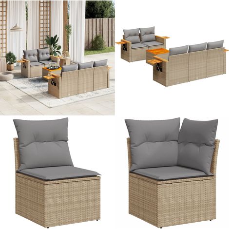 Salon de jardin avec coussins 6 pcs beige résine tressée - Ensemble Salon De Jardin - Meuble Extérieur - Jardin Design - Mobilier De Jardin - Chaise Lounge - Home & Living