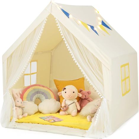 COSTWAY Tienda de Campaña Infantil de Juego, Casita para Niños con Alfombra de Algodón Lavable, Luces de Estrellas, Ventanas, Tienda de Juego de Fantasía para Niños, 122 x 105 x 125 CM (Beige) (1/5)