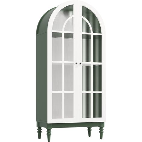 Set de 2 vitrinas arqueadas, vidrio estriado, MDF/metal, verde oscuro y blanco, 165 cm MODENUIT (1/5)
