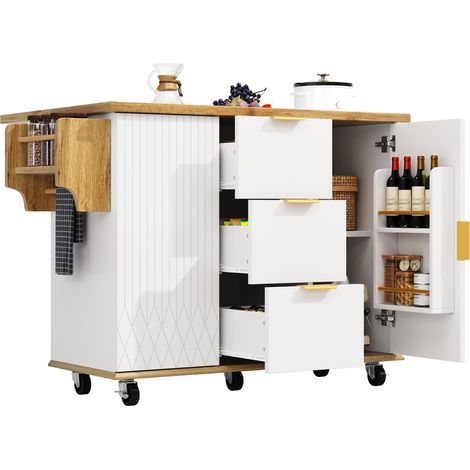 Chariot de cuisine avec plan de travail rabattable et prise de courant, meuble d’îlot de cuisine mobile sur roulettes, aspect bois blanc, charge 70kg (1/5)