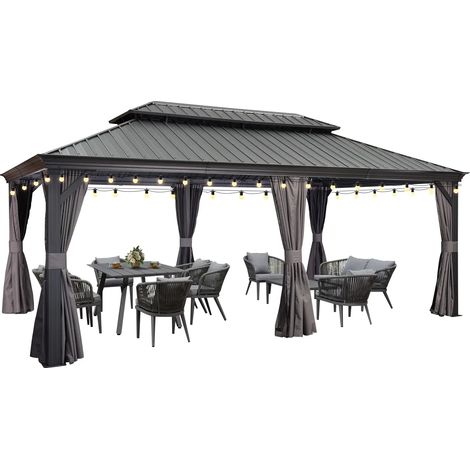 Purple Leaf Pergola Aluminium Hardtop avec LED, Rideaux et Moustiquaires – Tonnelle à Double Toit en Acier Galvanisé – Pavillon Extérieur 6 x 3,65 m – Gris Anthracite