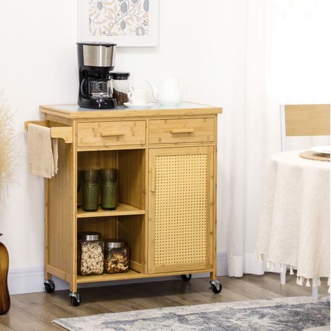 Küchenwagen mit Schubladen, Schrank und Rollen 84 x 36 x 85 cm aus Naturbambus HAVRYA (1/3)