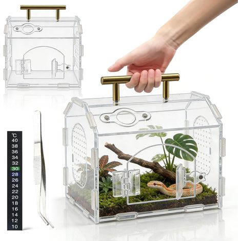 360° Terrarium Escargot en Acrylique avec Poignée, (17x15x12 cm) Ventilée Vivarium Terrarium Insecte avec 10-40℃ Autocollant Temperature et Outil, pour Tarentules Geckos Escargots et Autres (1/5)