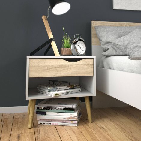 Dmora Table de chevet avec un tiroir et un compartiment de rangement, couleur blanc et chêne, Dimensions 50 x 49 x 39 cm (1/5)