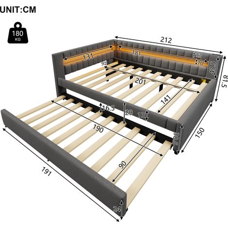 MEUBLIV Cama 140x200 cm gris con cama abatible, LED y USB, sin colchón (1/5)
